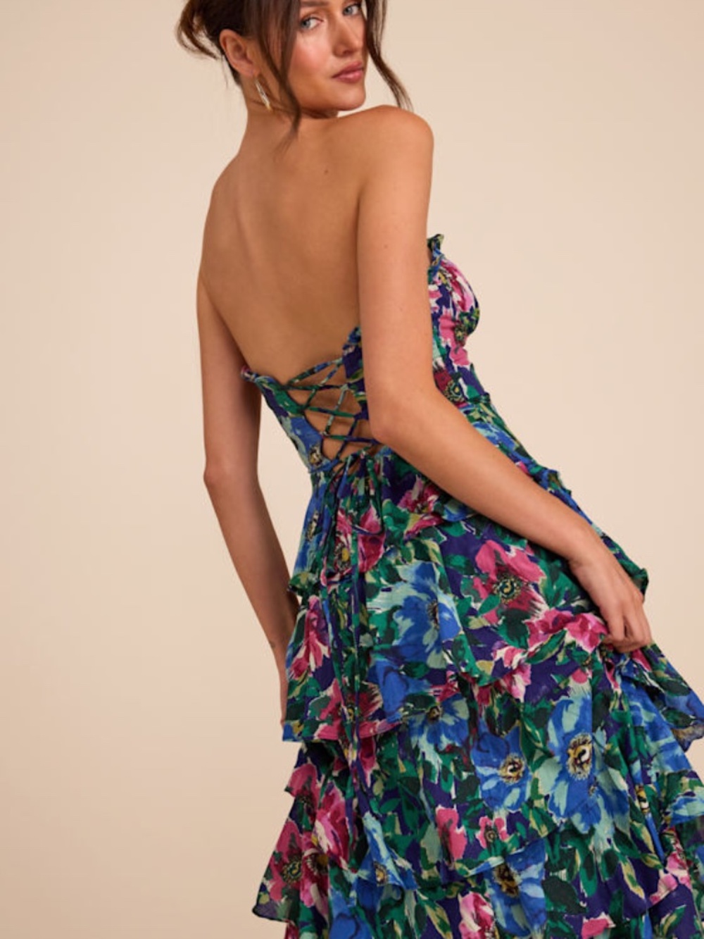 Lulus Nayha Blue Multi Floral Strapless Tiered Midi Dress - Size M
